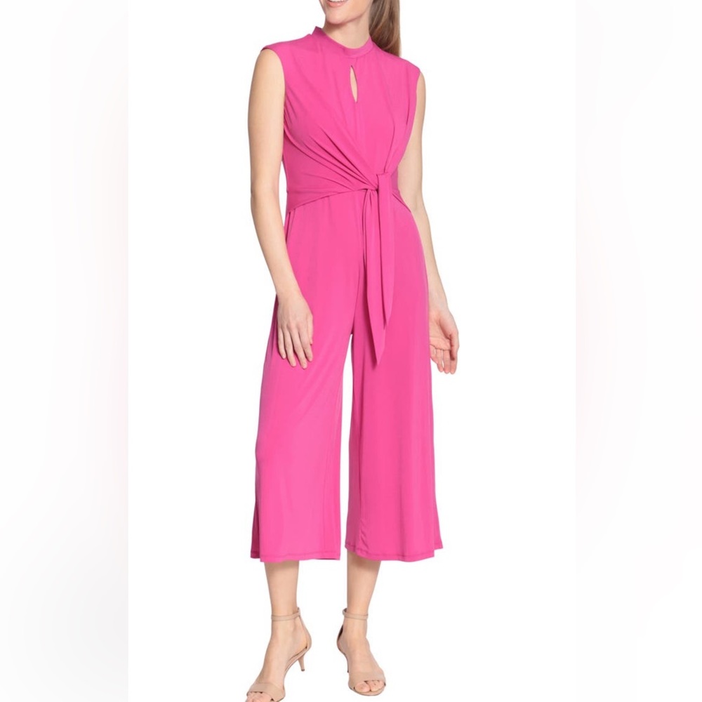 London Times Cropped Jumpsuit Dress Fushia Red Keyhole Waist tie Sleeveless